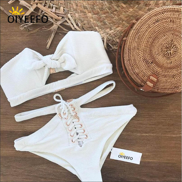 Oiyeefo White High Waist Bikni Women Sexy Bandeau Swimsuit Hollow Out Knot Bathing Suits Lace-up May Swimwear Female Plavky 2018