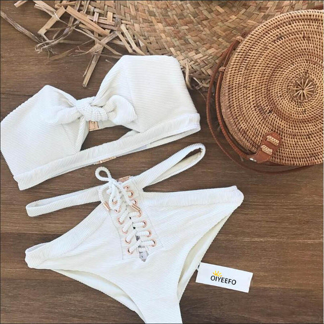 Oiyeefo White High Waist Bikni Women Sexy Bandeau Swimsuit Hollow Out Knot Bathing Suits Lace-up May Swimwear Female Plavky 2018