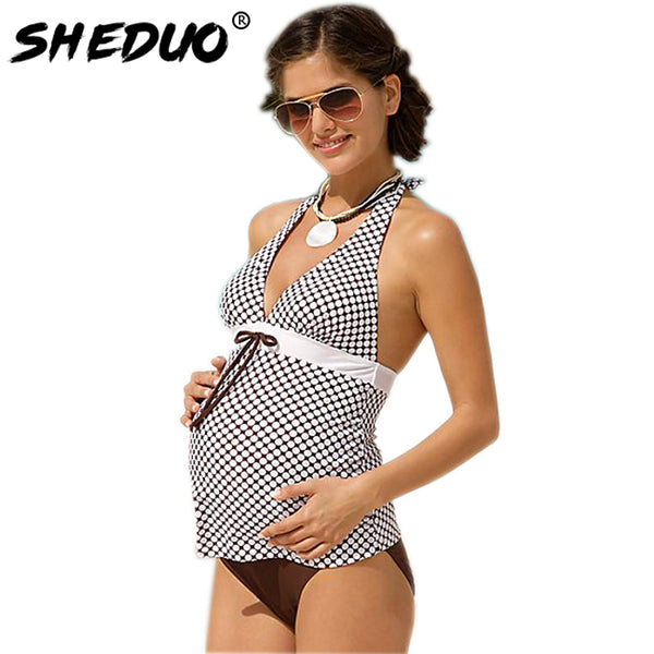 Maternity Biknis Set Bathing Suit Women Pregnant Swimwear Plus Size Plaid Vintage Tankini Halter Swimsuit 2018 New Bodysuit