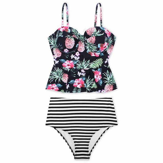 Trangel sexy floral pineapple print bikini set high waist swimsuit women bandeau swimwear push up bikni stripe bodysuit LD577